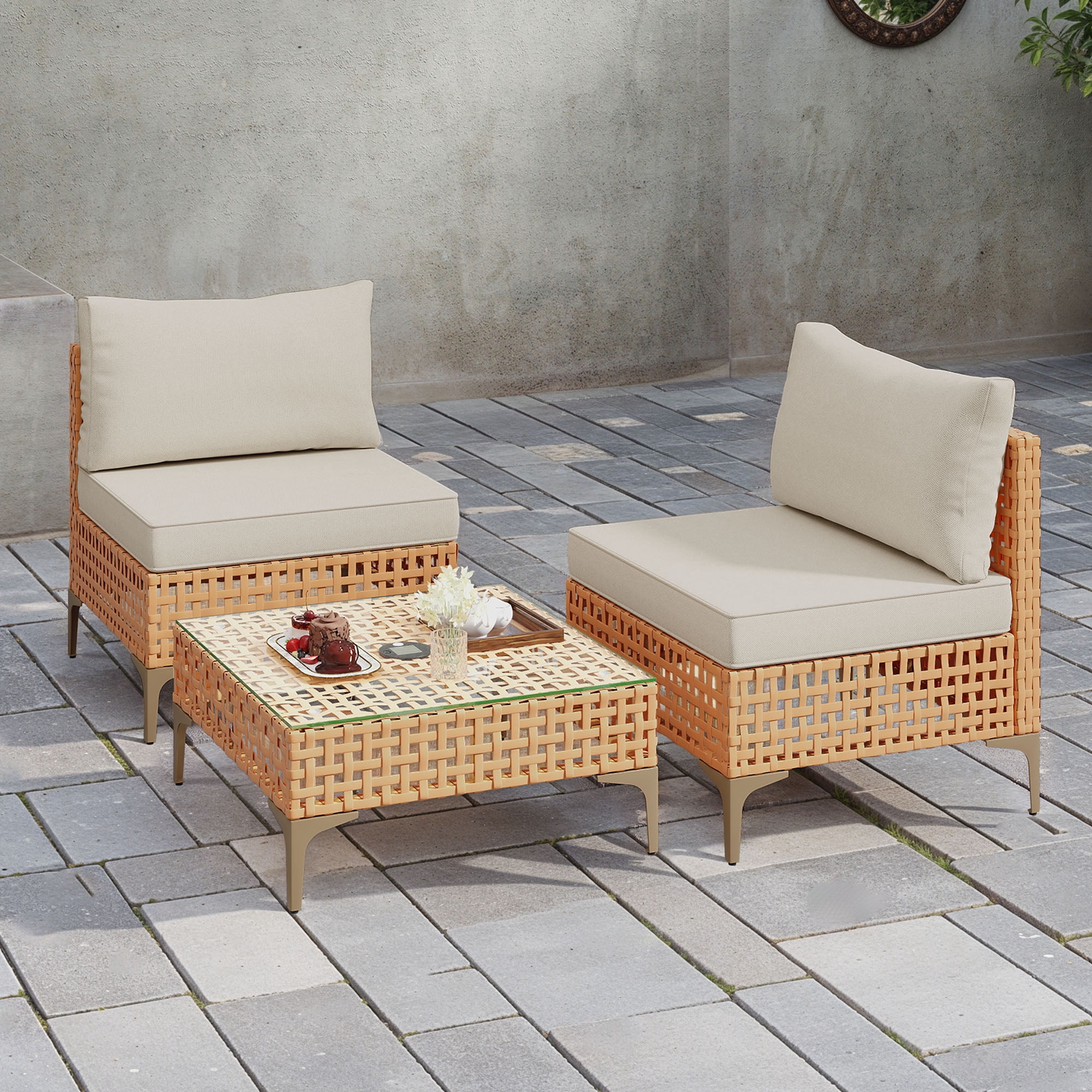 Uforic 3 Pieces Outdoor Patio Furniture Set,Rattan Wicker Conversation Set,Bistro Set of Outdoor Sectional Sofa Chairs & Solar Light Coffee Table