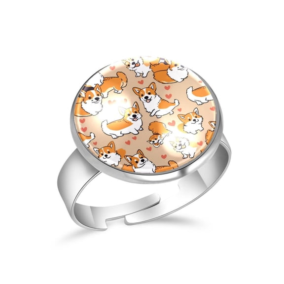PhooArto Cute Dog Corgis Love Heart Pattern Stainless Steel Rings for Women, Open Adjustable Ring Promise Ring Jewelry Gifts