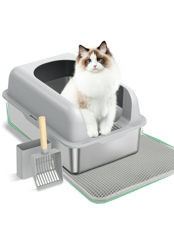 ZAQW Large Stainless Steel Cat Litter Box, Scoop, and Mat Set - Odor, Stain, and Rust Resistant w/ Easy Cleaning Tray