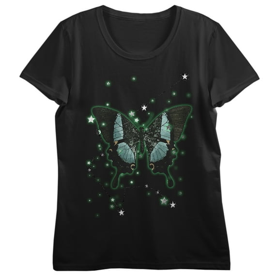 Glowing Butterfly Constellation Crew Neck Short Sleeve Women's Black T-shirt
-Medium