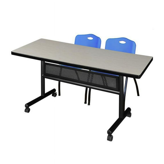 60" x 30" Flip Top Mobile Training Table w/ Divider- Maple & 2 Stack Chairs