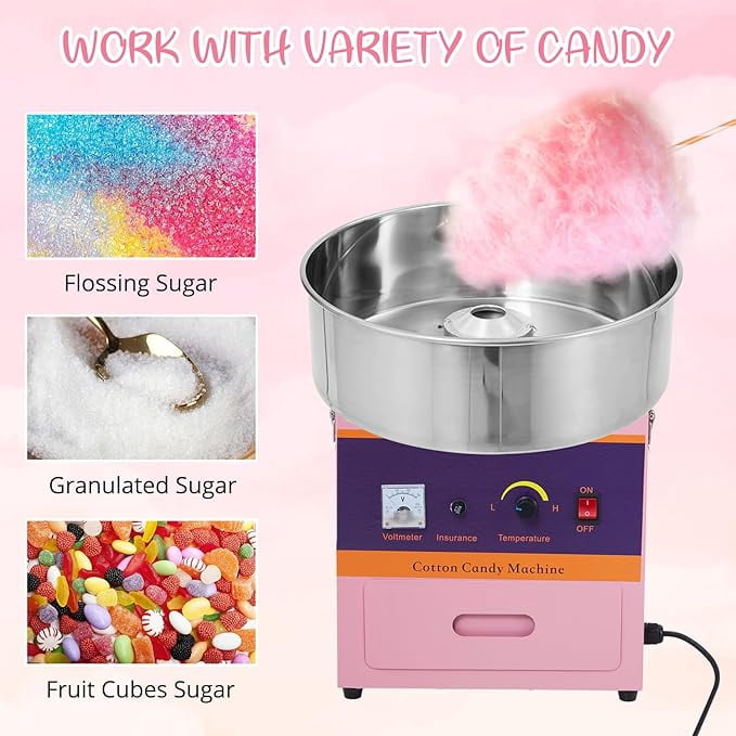 Cotton Candy Machine Commercial, 1000W Electric Cotton Candy Machine, Cotton Candy Maker with Stainless Steel Bowl, Sugar Scoop, Storage Drawer, Perfect for Family Party, Kids Birthday, Pink