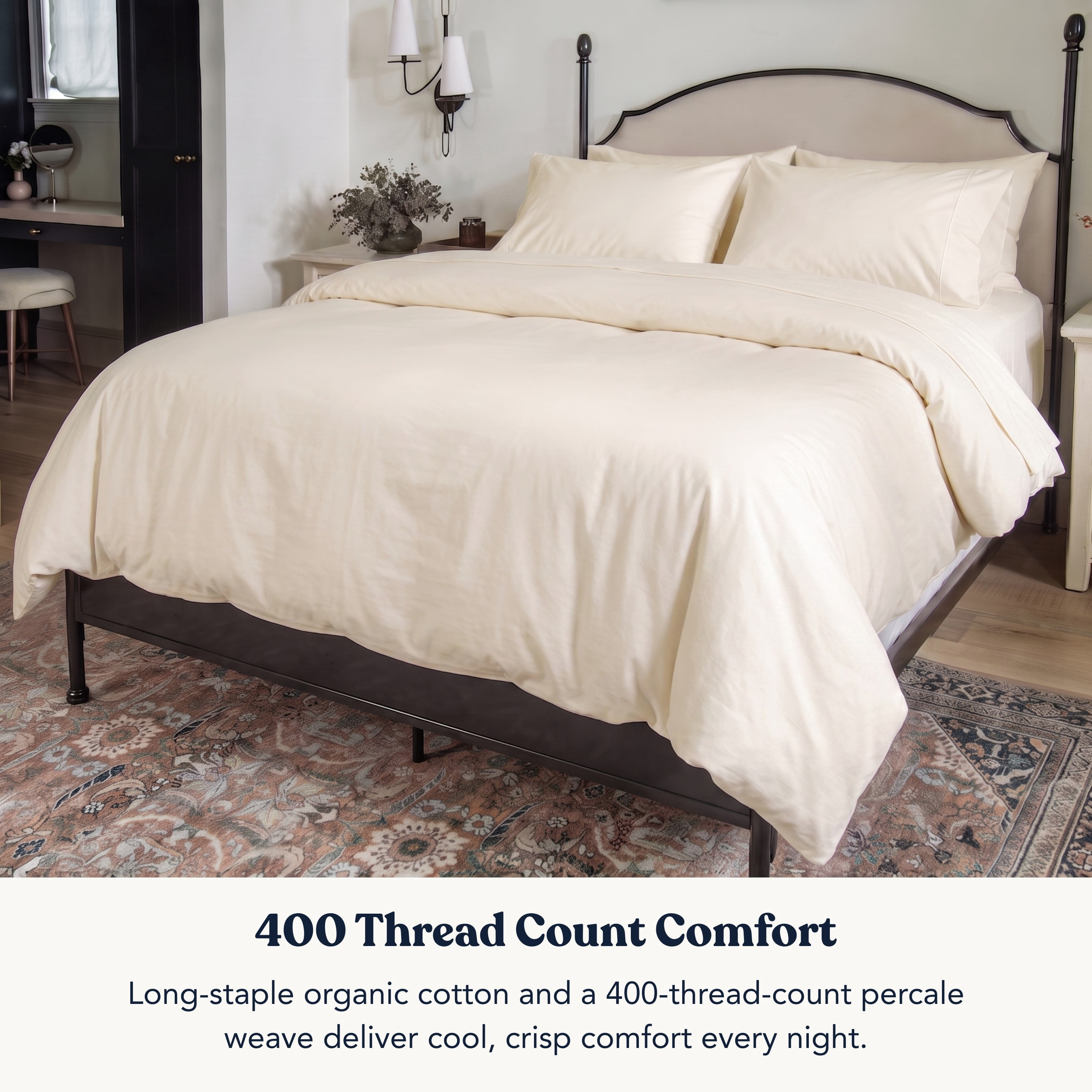 Delara Queen Organic Cotton Percale Duvet Cover Set 3-Piece with Sham, 400TC, Soft Breathable Bedding, GOTS Certified, 8 Ties, Ivory