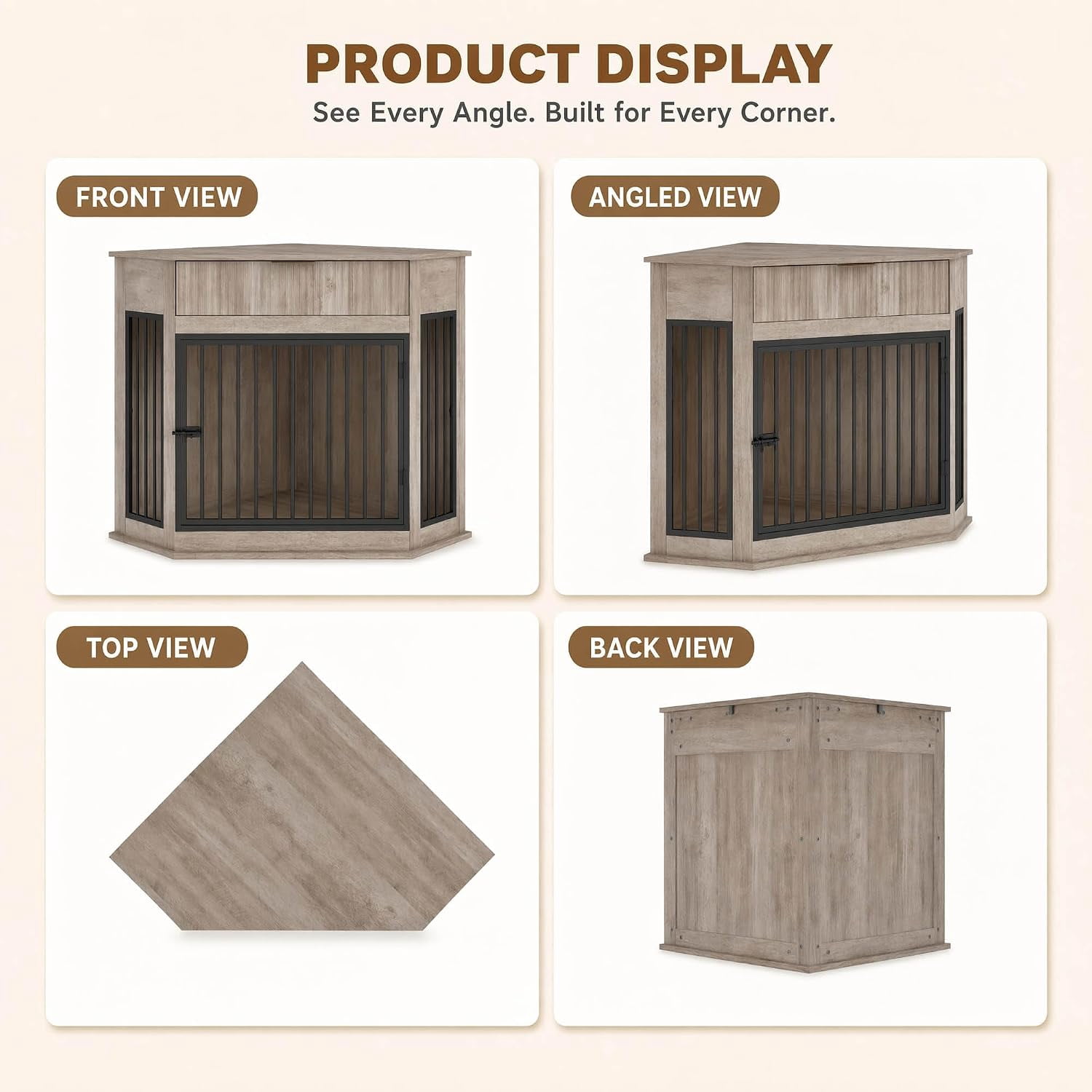 44.6" Corner MDF Dog Crate Furniture, Dog Kennel End Table with Fluted Drawer Storage, Grey Oak for Small/Medium Dogs Indoor