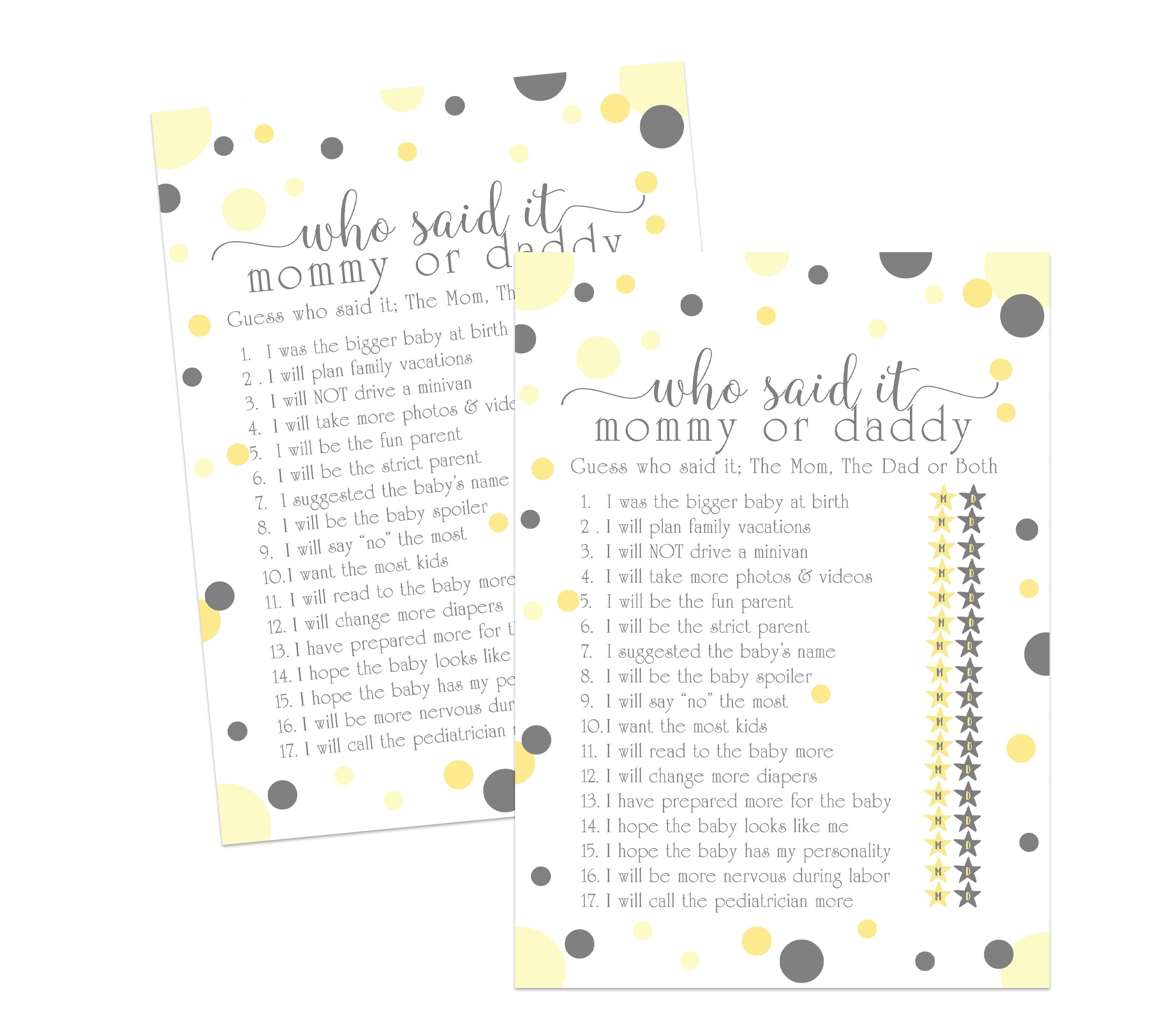 Yellow and Grey Mommy or Daddy Game Baby Shower Games 25 Pack Guess Which Parent Activity Cards - Mama to Bee Gender Reveal - 5x7 Printed Size Set - Paper Clever Party