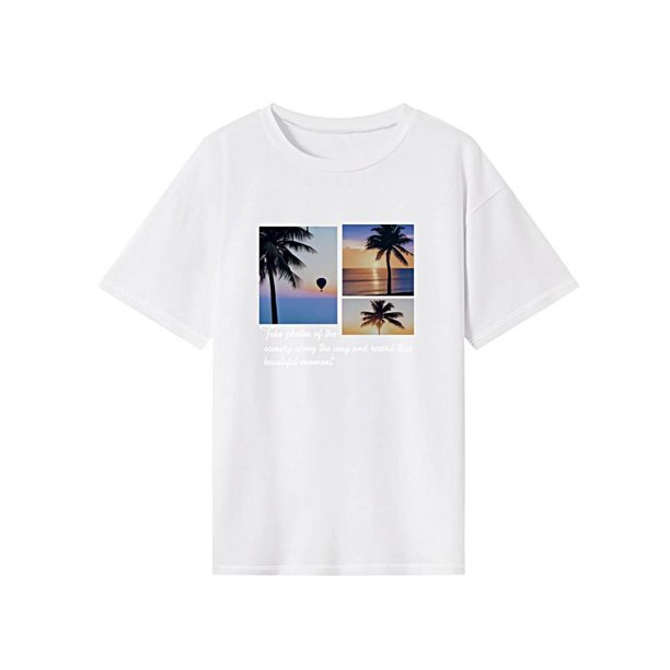 Camiseta de manga corta para mujer, camiseta de moda con cuello redondo para senderismo, playa y calle XL