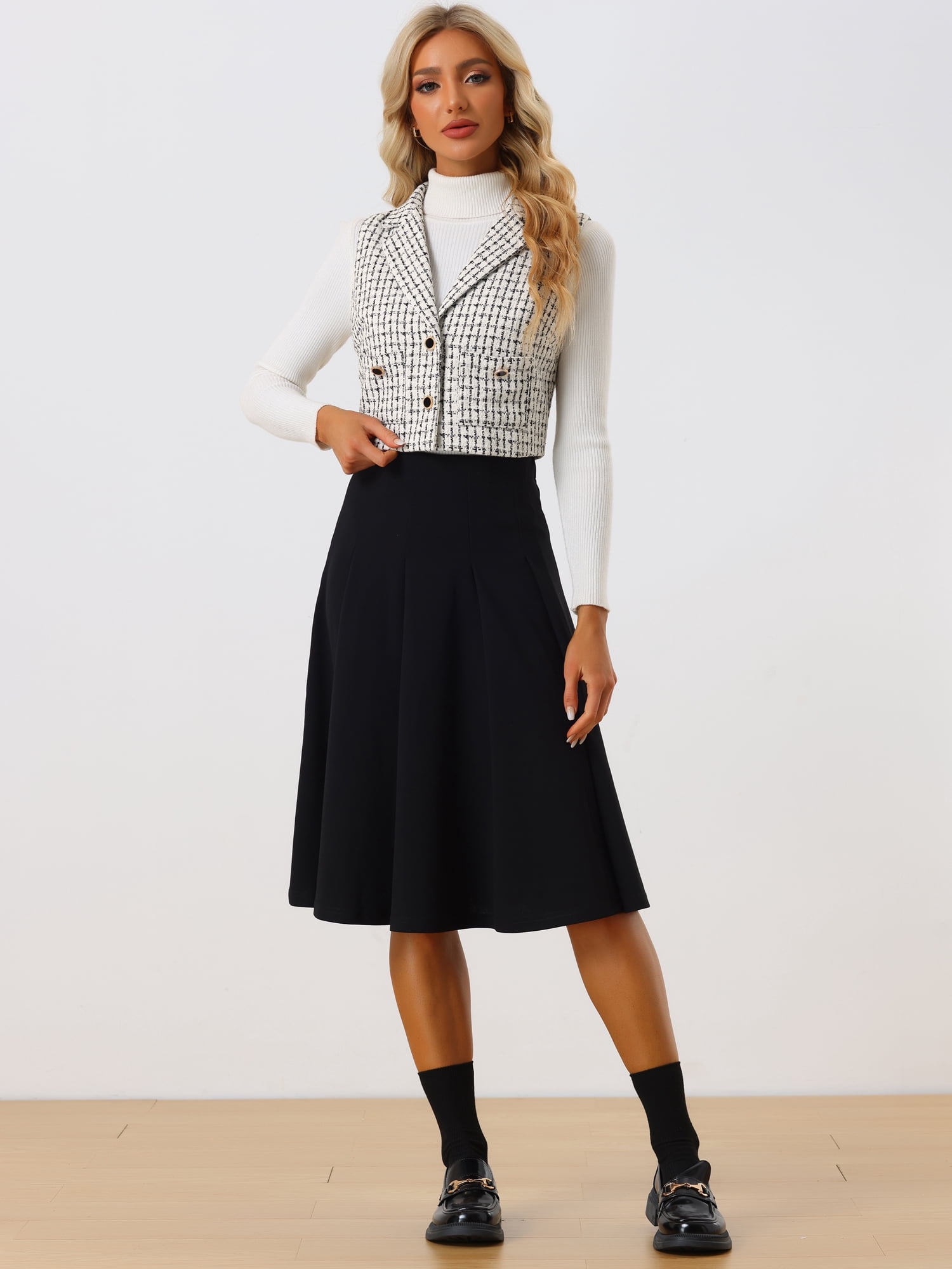 DARING DIVA Women's Tweed Vest Notched Lapel Collar Plaid Waistcoat Jackets XL White