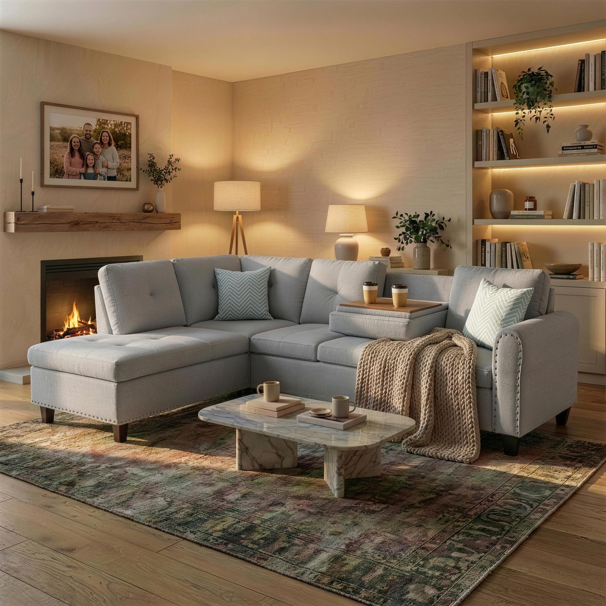 AENKYO 98" L-Shaped Upholstered Sectional Sofa Couch with Storage & Cup Holders, Faux Leather Living Room Sofa Set, Light Gray