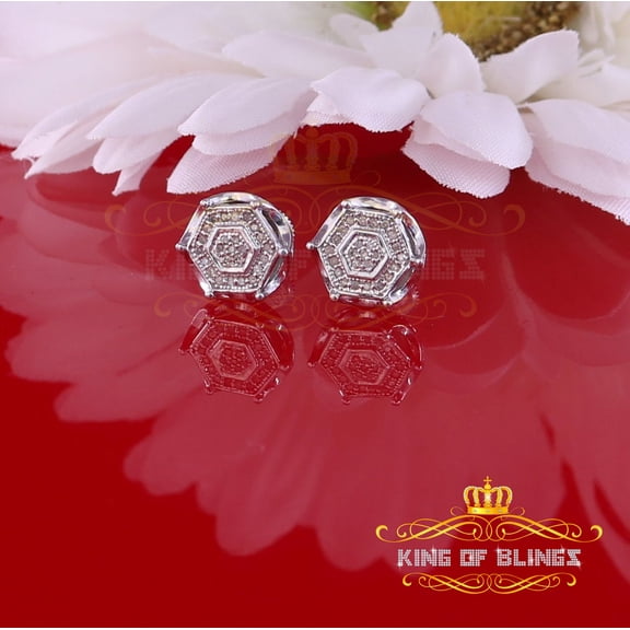 King of Bling's 0.20ct Diamond Stud Hexagon Earrings For Women White 925 Sterling Silver For Men
