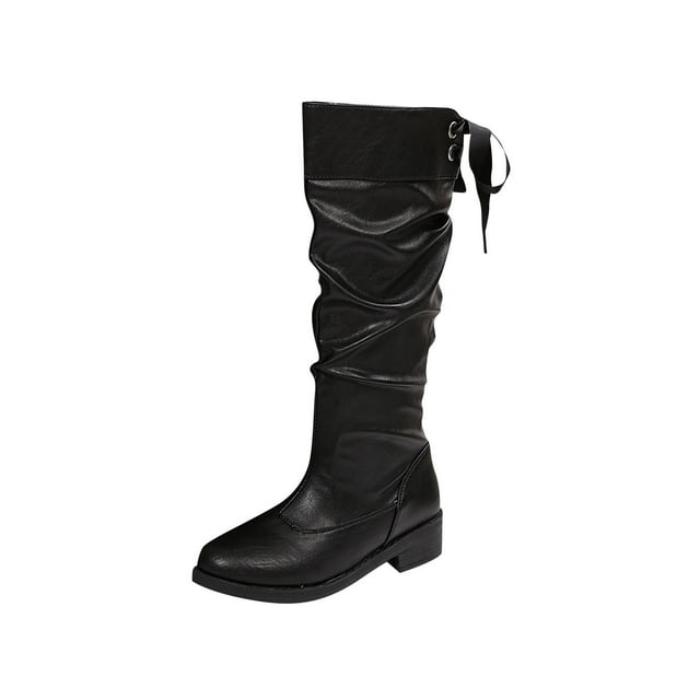 Boots for Women with Heel Stitching Round Toe Lace-Up Knee-High Boots