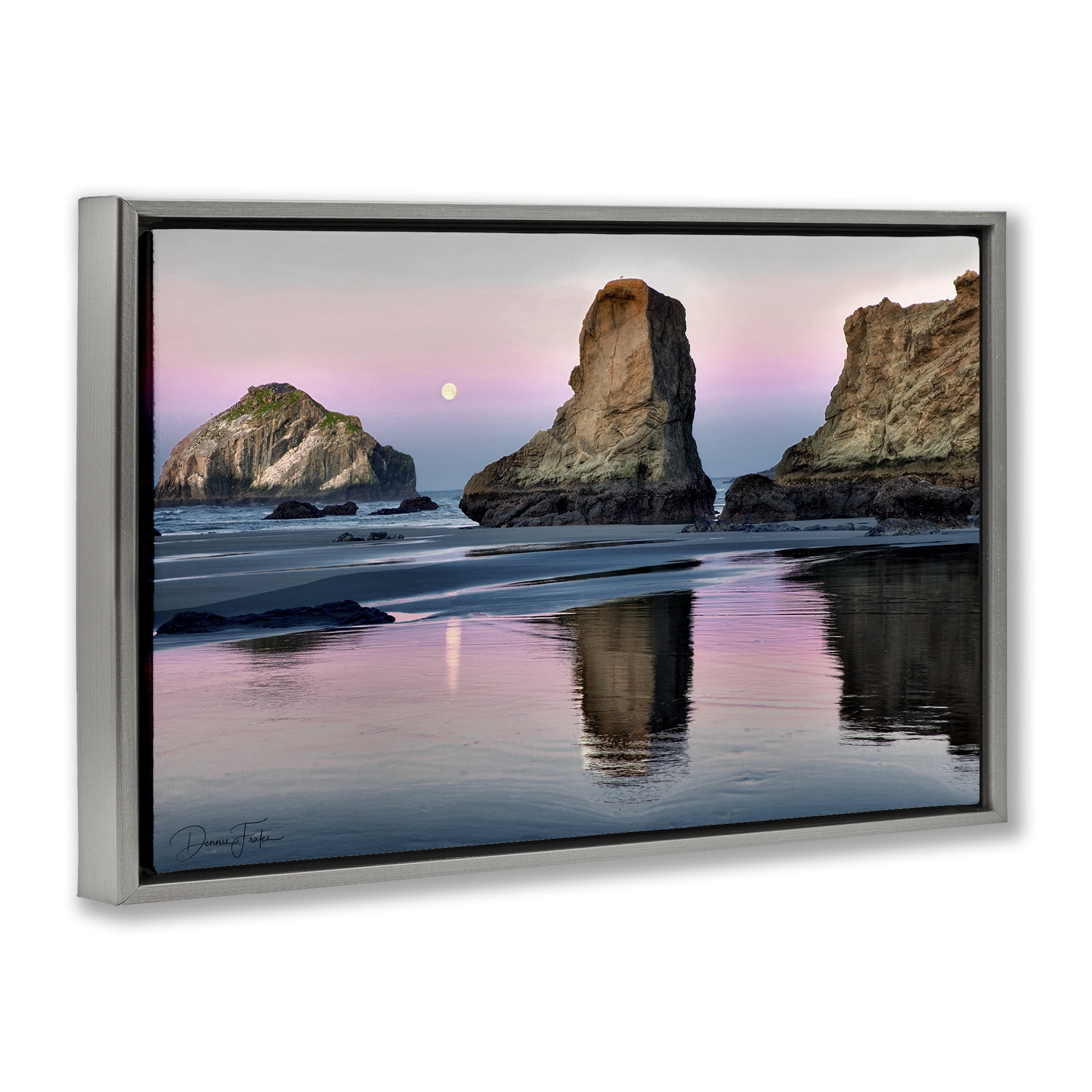 Stupell Industries Moonlit Beach Cliffs Landscape Photography Gray Floater Framed Canvas Art Print Wall Art, 25 x 17