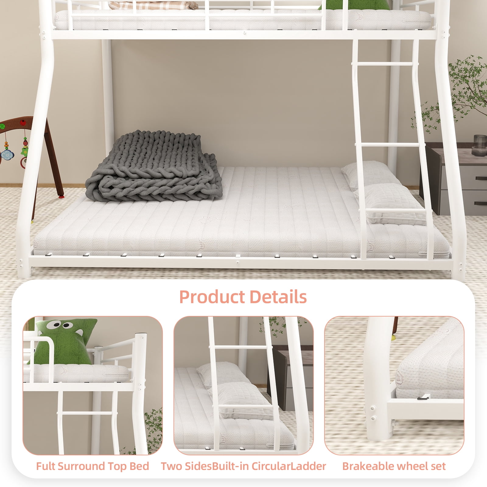 Alvantor Twin over Full Bunk Bed for Kids & Adults Low Metal Heavy-Douty Bunk Beds Frame with Full-Length Guardrails White