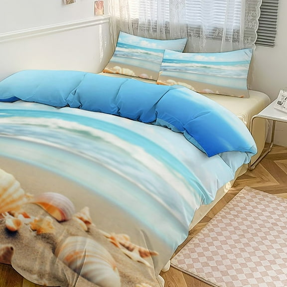 Beach Starfish Shells Duvet Cover Set Themed Multicolor Polyester Bedding Set for Bedroom Decoration