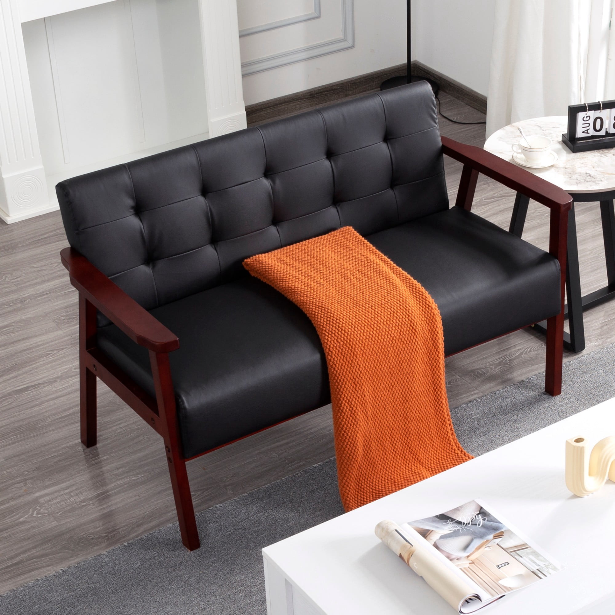 Gewnee Cedar Wood Loveseat, Black PU Upholstery, Tufted Back, 300LBS per Seat, Non-Slip Pads, for Living Room, Home Office, Den
