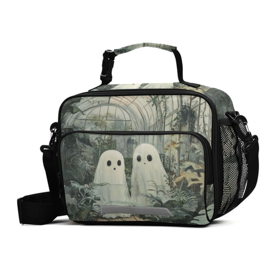 FORMRS Student Insulated Lunch Bag with Shoulder Strap Reusable Cooler Box for School, Ghosts Playing in A Garden