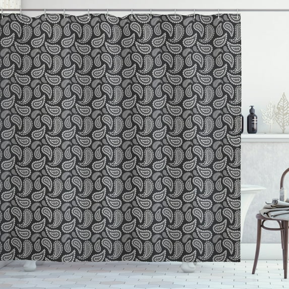Ethnic Shower Curtain, Leaf Paisley Classic Eastern Oriental with Victorian Effects Iranian Motif, Fabric Bathroom Set with Hooks, 69W X 84L Inches Extra Long, Charcoal Grey White, by Ambesonne