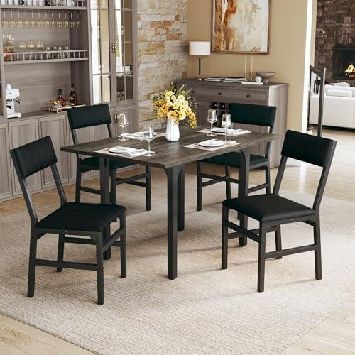 Dining Table Set for 4, Extendable Kitchen Table Cushion Chairs Set of 4, Rectangle Dining Table with Metal Frame & MDF Board, Folding for Small Apartment Saving Space, Grey Oak$$Furniture