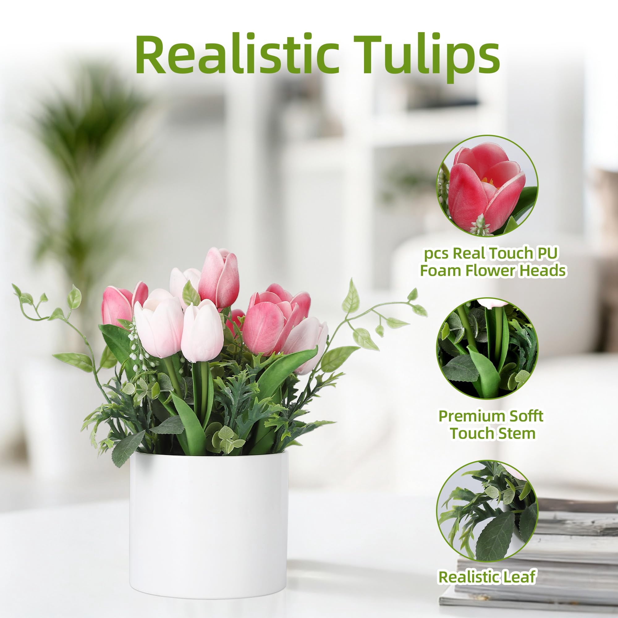 10 Pcs Artificial Tulips Flowers with Ceramic Pot, UV Protected PU Fake Floral Arrangement for Home Office Table Centerpiece, Mother's Day & Spring Decor,