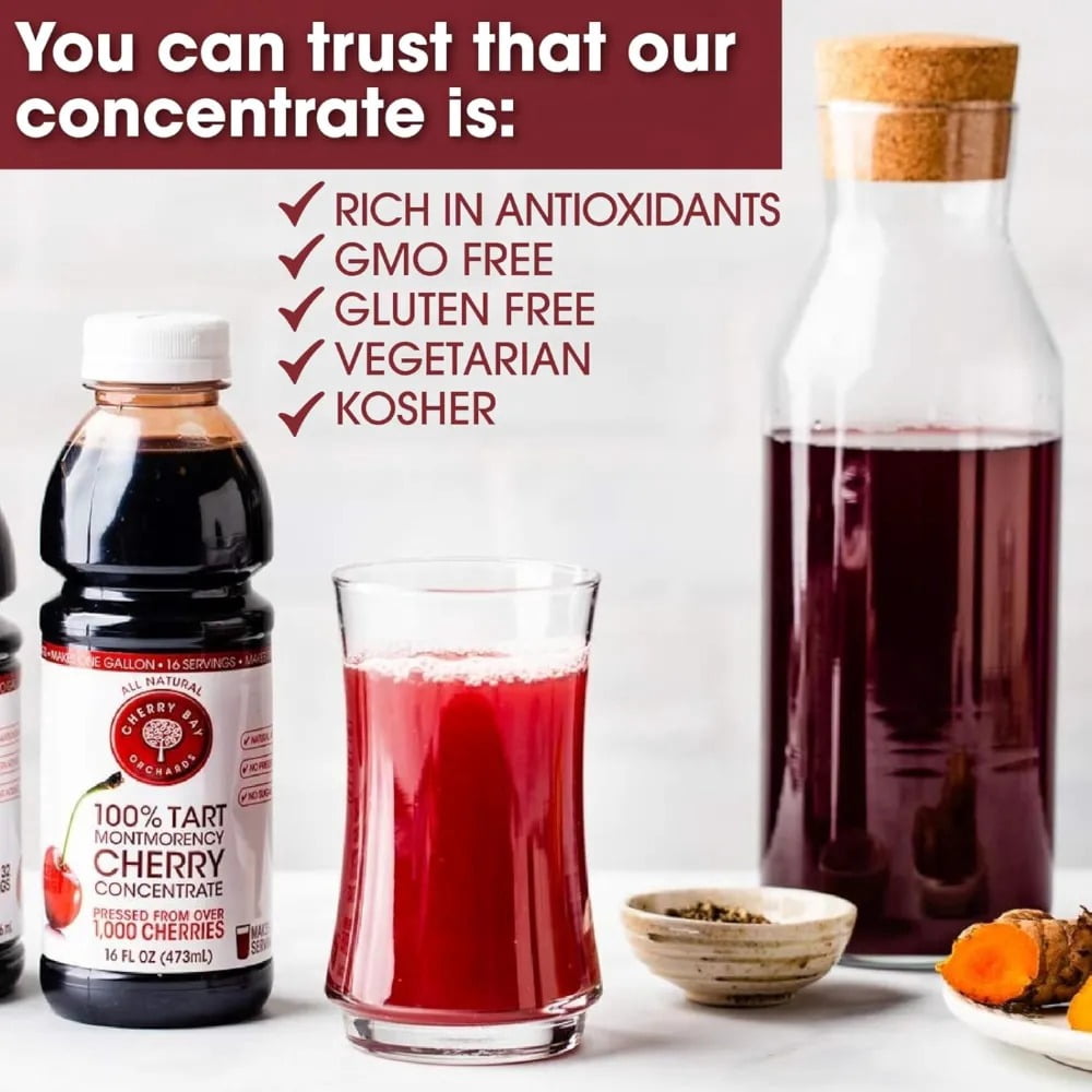 Cherry Bay Orchards Tart Cherry Concentrate - All Natural Juice to Promote Healthy Sleep, 32 oz Bottle (Case of 2) - Gluten Free, Natural Antioxidants, No Added Sugar or Preservatives