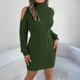 thumbnail image 5 of Women's Sweater Dress Knit Dress Off Shoulder Mock Neck Cable Knit Puff Sleeve Bodycon Winter Dress for Casual Party,Army Green,L, 5 of 9