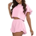 thumbnail image 4 of vdgthytj 2 Piece Sets for Women Ruffle Ribbed Short Sleeve Crop Top High Waist Flowy Shorts Loungewear Pajama Sets, 4 of 4