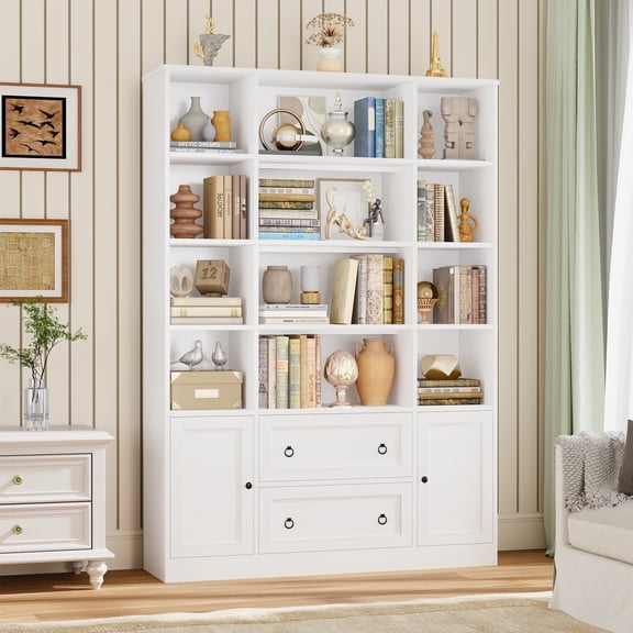 Homfa 71″ Tall Bookcases with Storage Drawers & Doors, 12 Cubes 4-Tier Triple Row Bookshelf, White Bookcase for Living Room Home Office