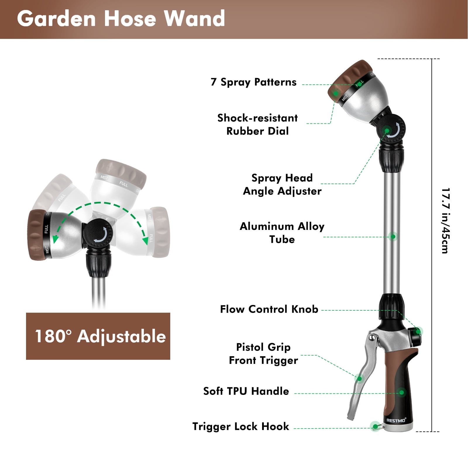 Restmo Heavy Duty Metal Watering Wand ,16-Inch Garden Hose Sprayer with 180° Swivel Head, 7 Spray Patterns & Flow Control, Brown