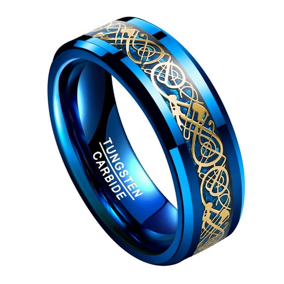 8mm Mens Celtic Dragon Tungsten Ring Blue Gold Wedding Engagement Band Beveled Edge Size 5-14