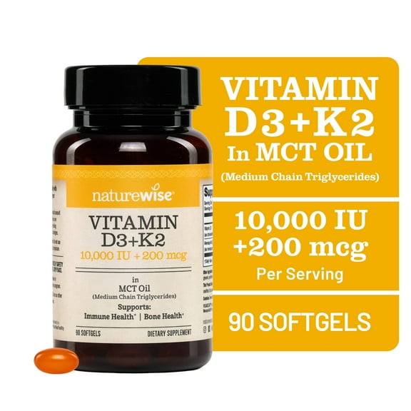 NatureWise Vegan Vitamin D3 10000IU   K2 - Organic Coconut MCT Oil - 90 Softgel[90-Day Supply]