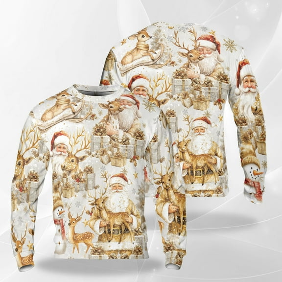 Golden Santa Reindeer Christmas Sweatshirt, Elegant Holiday Crewneck, Vintage Winter Deer and Snowman Pullover, Cozy Christmas Sweater for Men Women