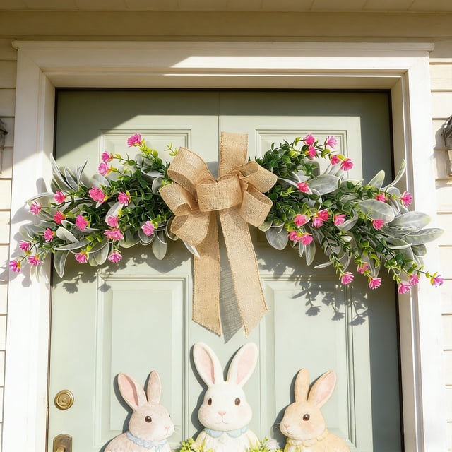 Decoración de dintel de puerta de Pascua con lazos florales coloridos, plástico resistente al agua y al sol, 60 cm x 20 cm x 6 cm, decoración navideña para el hogar