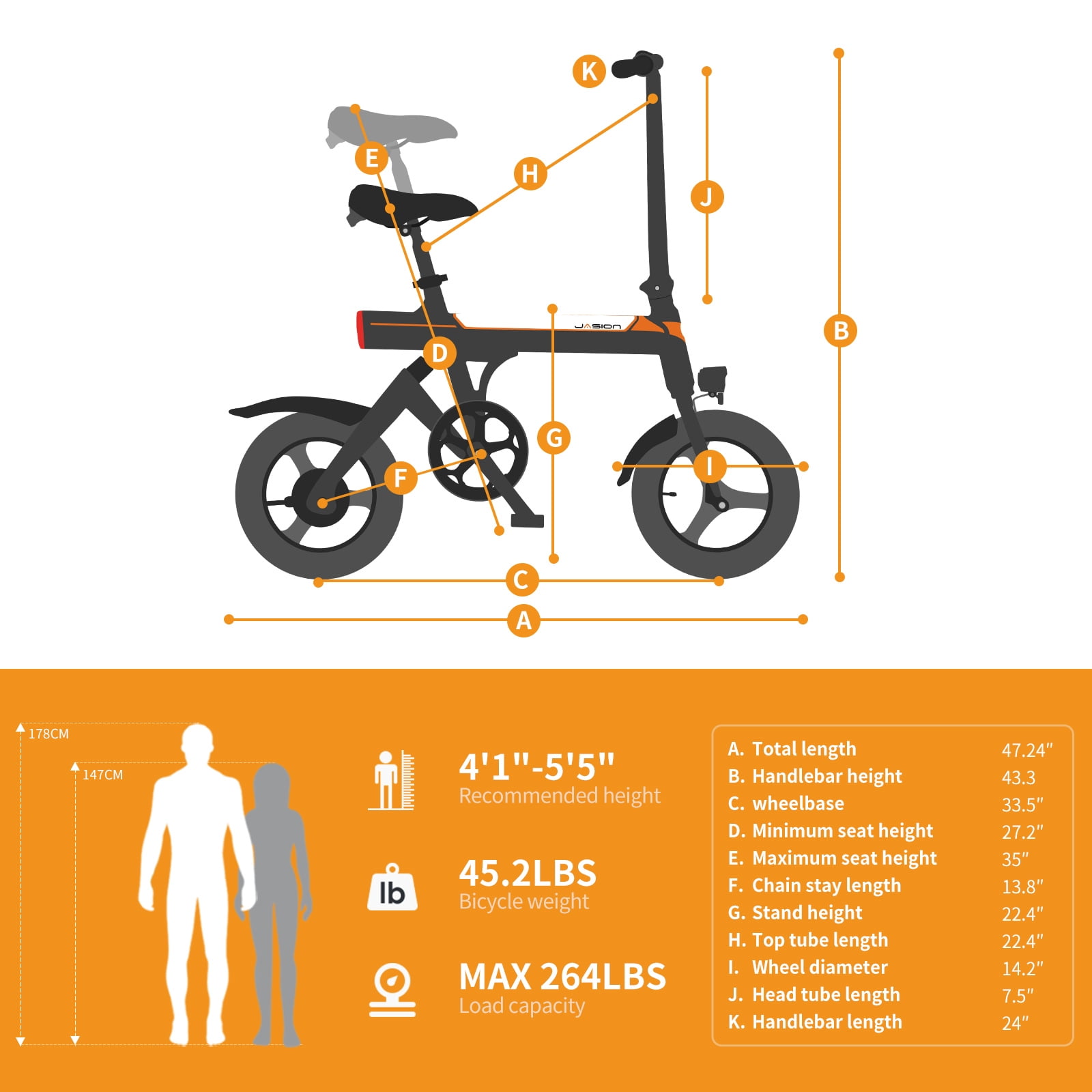 Jasion EB3 Electric Bike for Adults, 350W Folding Electric Bicycle with 270Wh Battery, 14" Foldable Commuter City Ebike for Teens, 3 Levels Assist