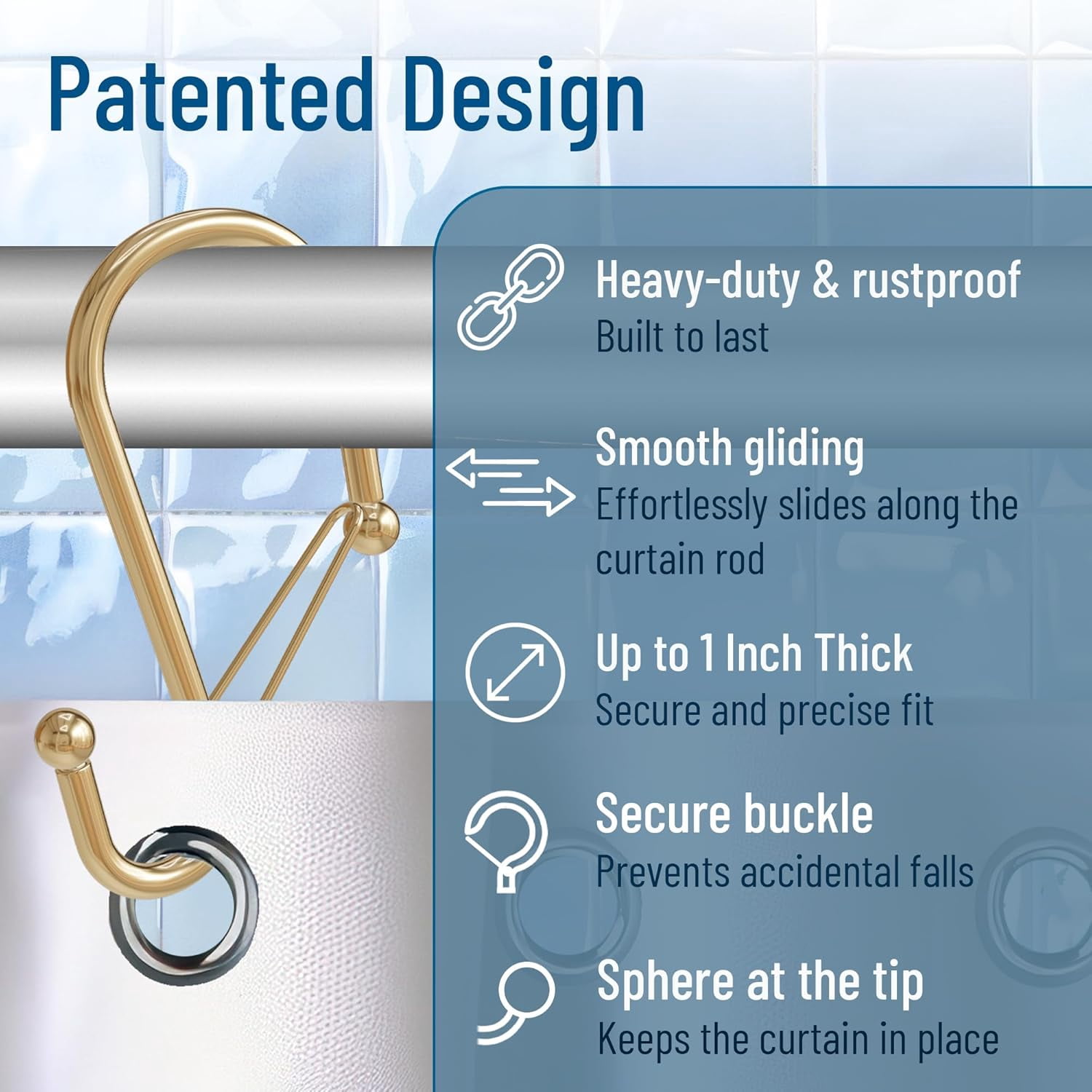 12 Decorative Metal Shower Curtain Hooks, S-Shaped Hooks with Anti-Fall System, Rust-Proof Shower Rings with Safety Buckle, Fits Rods Up to 1-Inch Diameter (S, Gold)