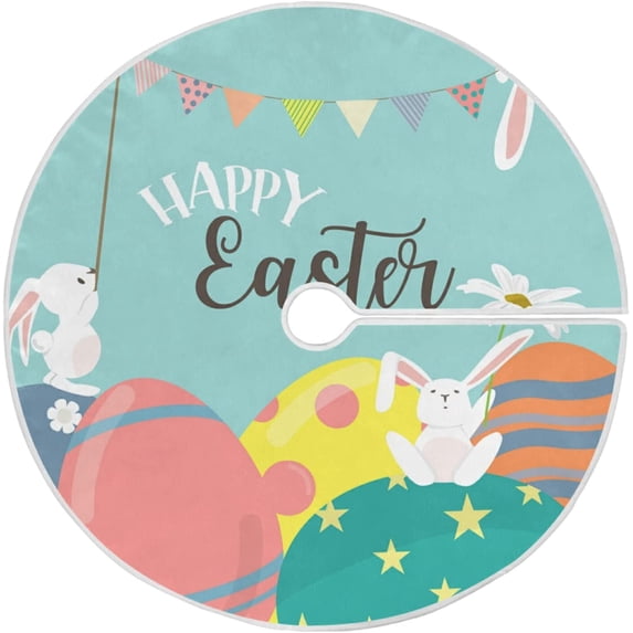 FMSHPON Easter Tree Skirt Colorful Eggs Bunny Xmas Christmas Tree Skirt Stand Mat for Holiday Party Decoration Indoor Outdoor 36 inches