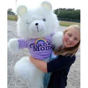 American Made Giant Teddy Bear 36 Inch Soft White, Wears THANKS MOM Tshirt
