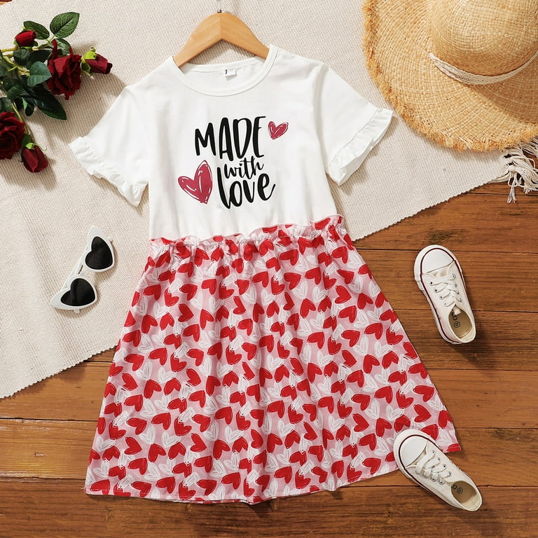 NZRVAWS Big Baby Girl Clothes 9 Years Girls Round Neck Ruffle Short Sleeve  Heart Print Dress Baby Girl Summer Clothes 10 Years
