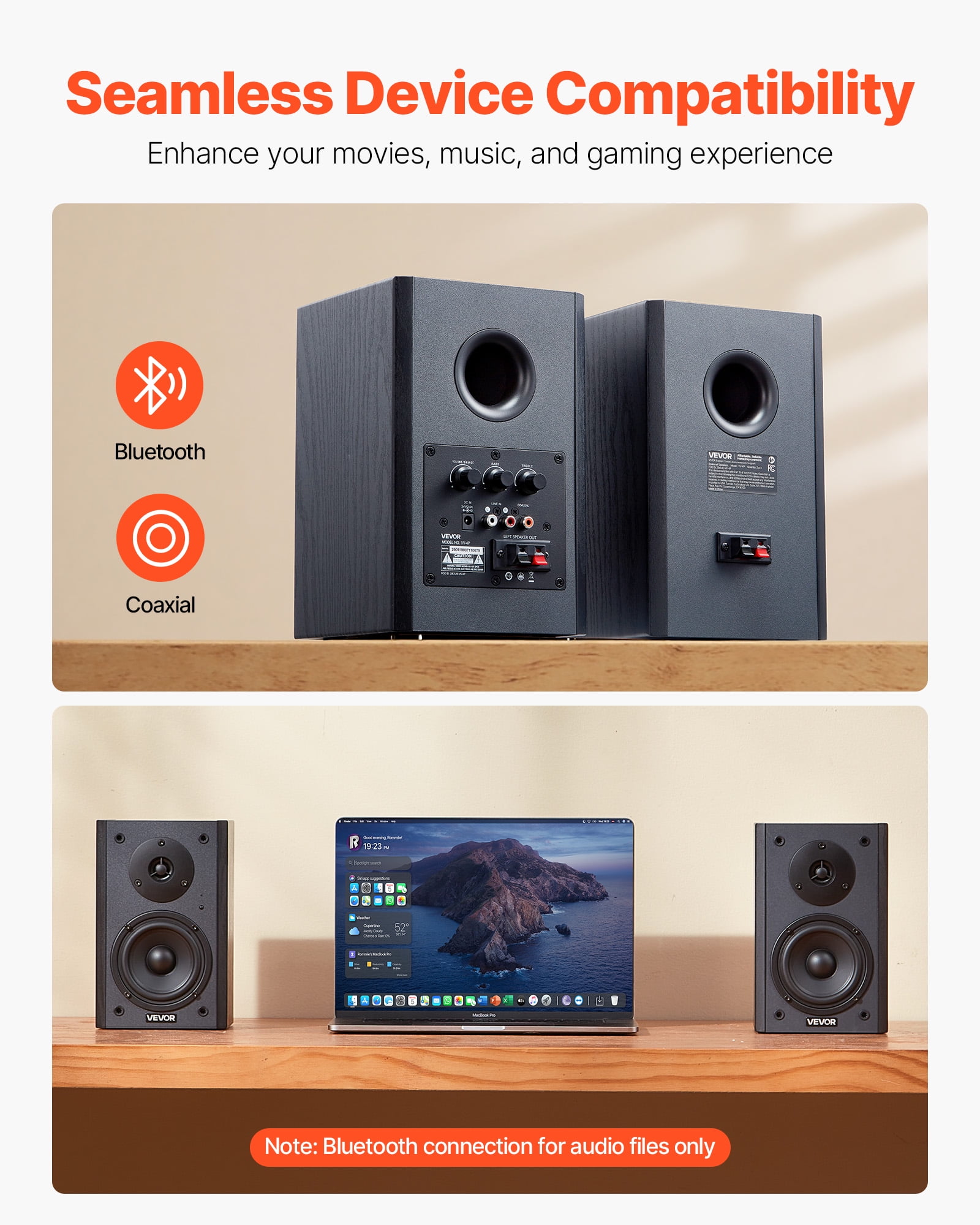 VEVOR Powered Bookshelf Speakers, 20W x 2, Active Studio Monitor Speaker with 4 Inch Woofer, Adjustable Volume and Audio with Bluetooth Optical Connection, Wooden Enclosure, for Record Player PC TV