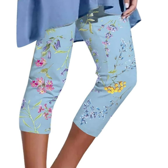Tiqkatyck Workout Leggings for Women, Womens Casual Floral Print Stretch Cropped Pants Slim Fitting Tight Leggings Pants, Shorts for Women Blue