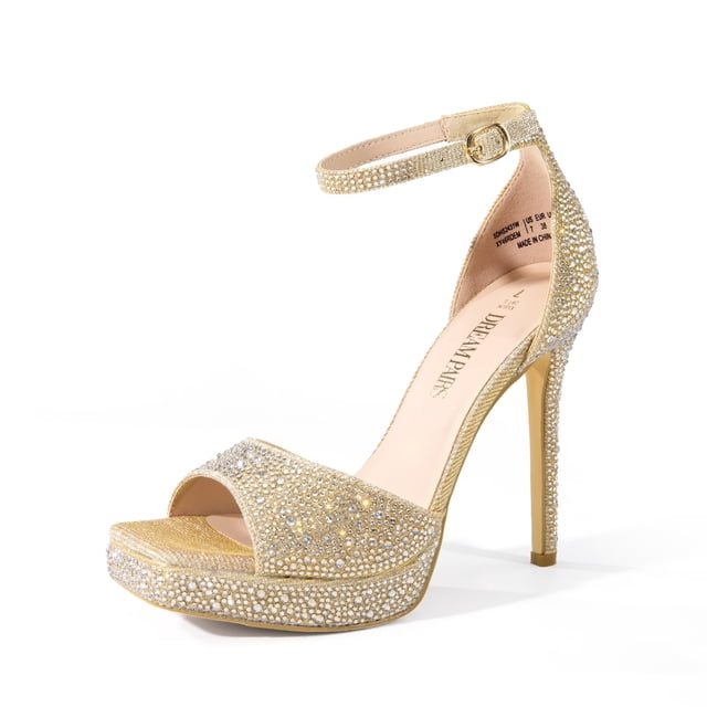Sandalia DREAM PAIRS Tacones con Punta Cuadrada y Pedrería 12 cm Dorado