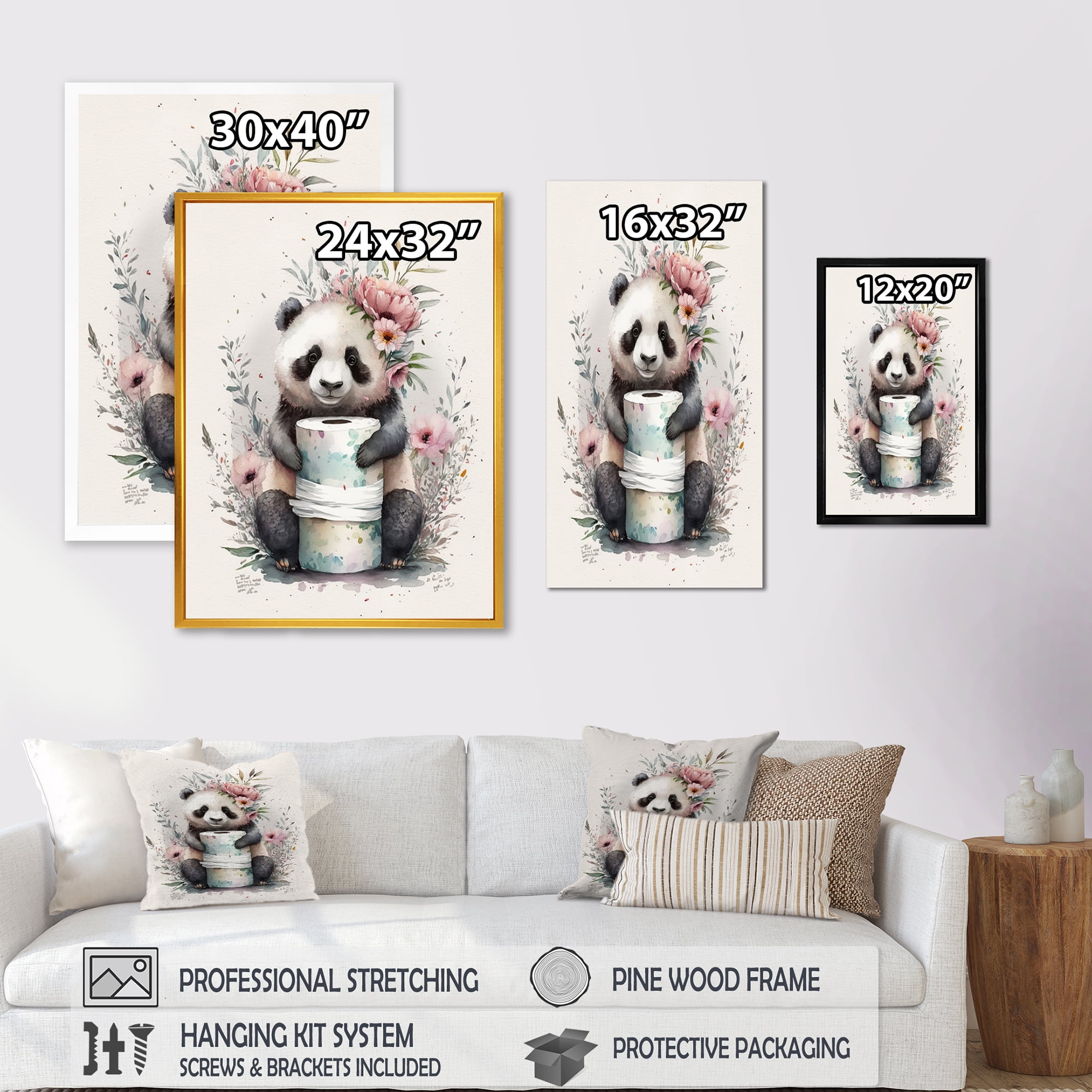 Designart Panda With Roll Of Toilet Paper And Flowers Canvas Wall Art