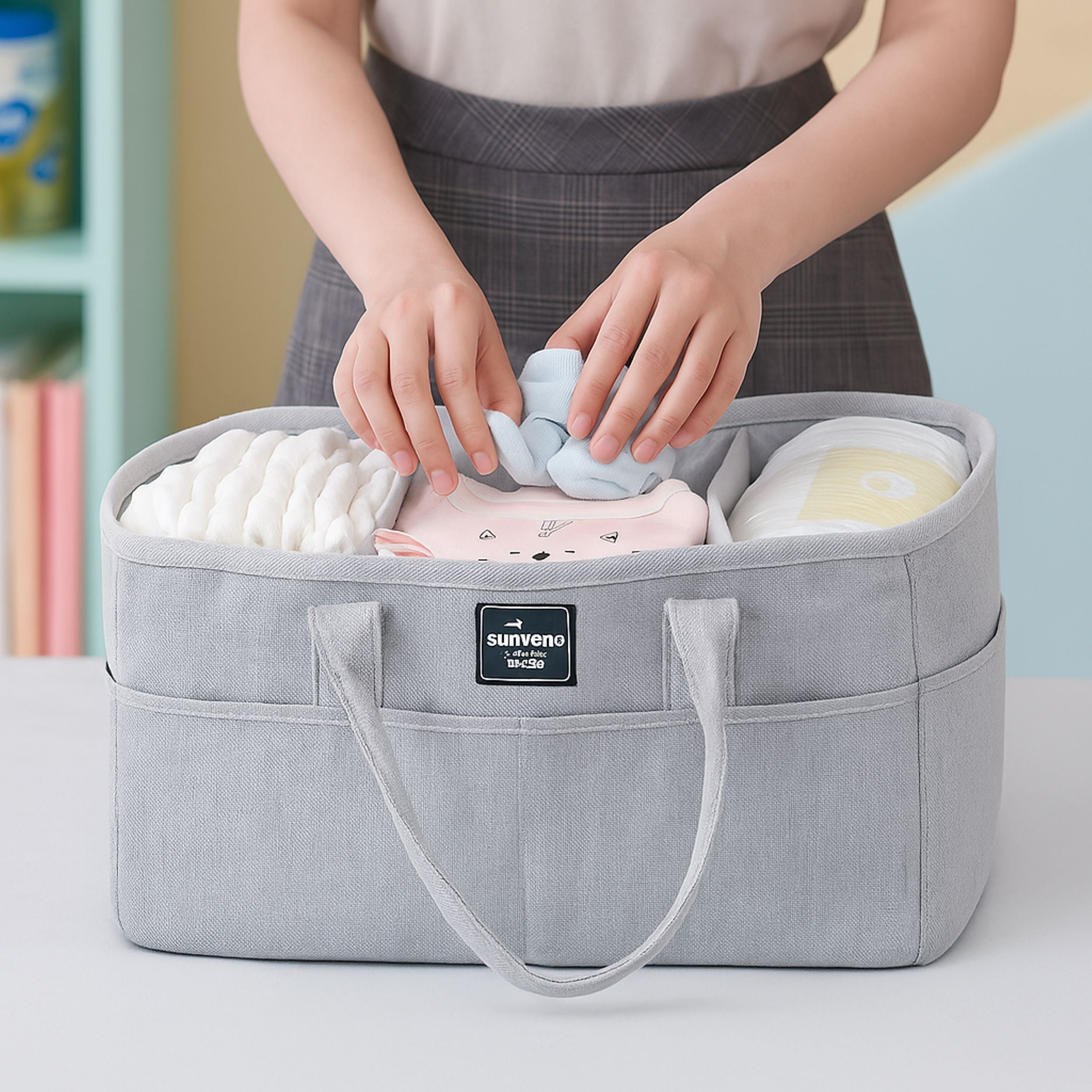 Sunveno Large Polyester Nursery Portable Diaper Caddy Organizer for Changing Station