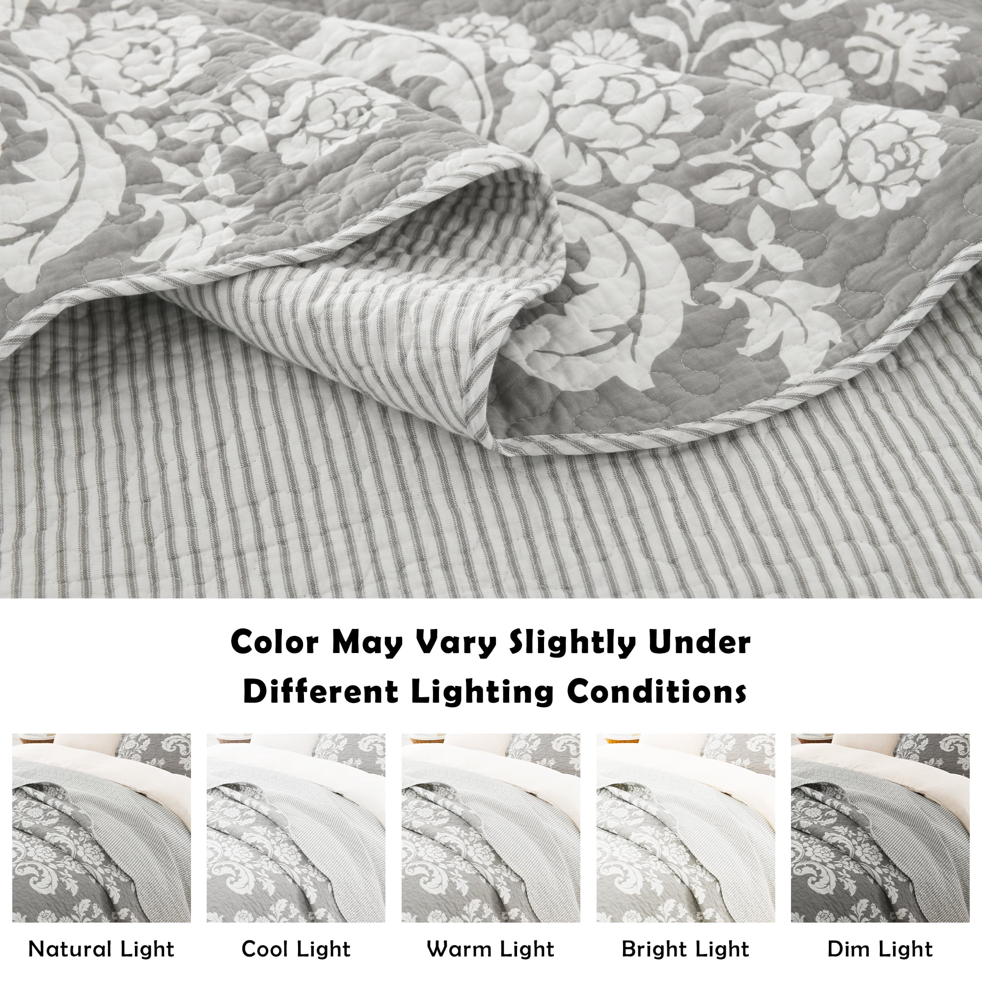 Quilt Set Queen Size - 100% Cotton Grey Damask Floral Bedspreads - Quilted Farmhouse Bedding Set for All Season - Lightweight Scallop Coverlet 3-Piece (Grey and White)