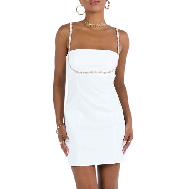 xiaxaixu Femmes Été Court Skinny Robe Fronde Blanc Sans Manches Dos Coupé à Faible Floral Robe Bandoulière