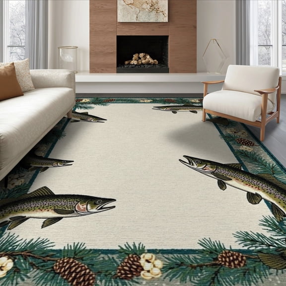 ODIKA 8'x10' Washable Area Rug Durable, Non-Slip Fishing Country Lake Scene With Vintage Fish And Pine Border for Living Room, Under Sectional, Family