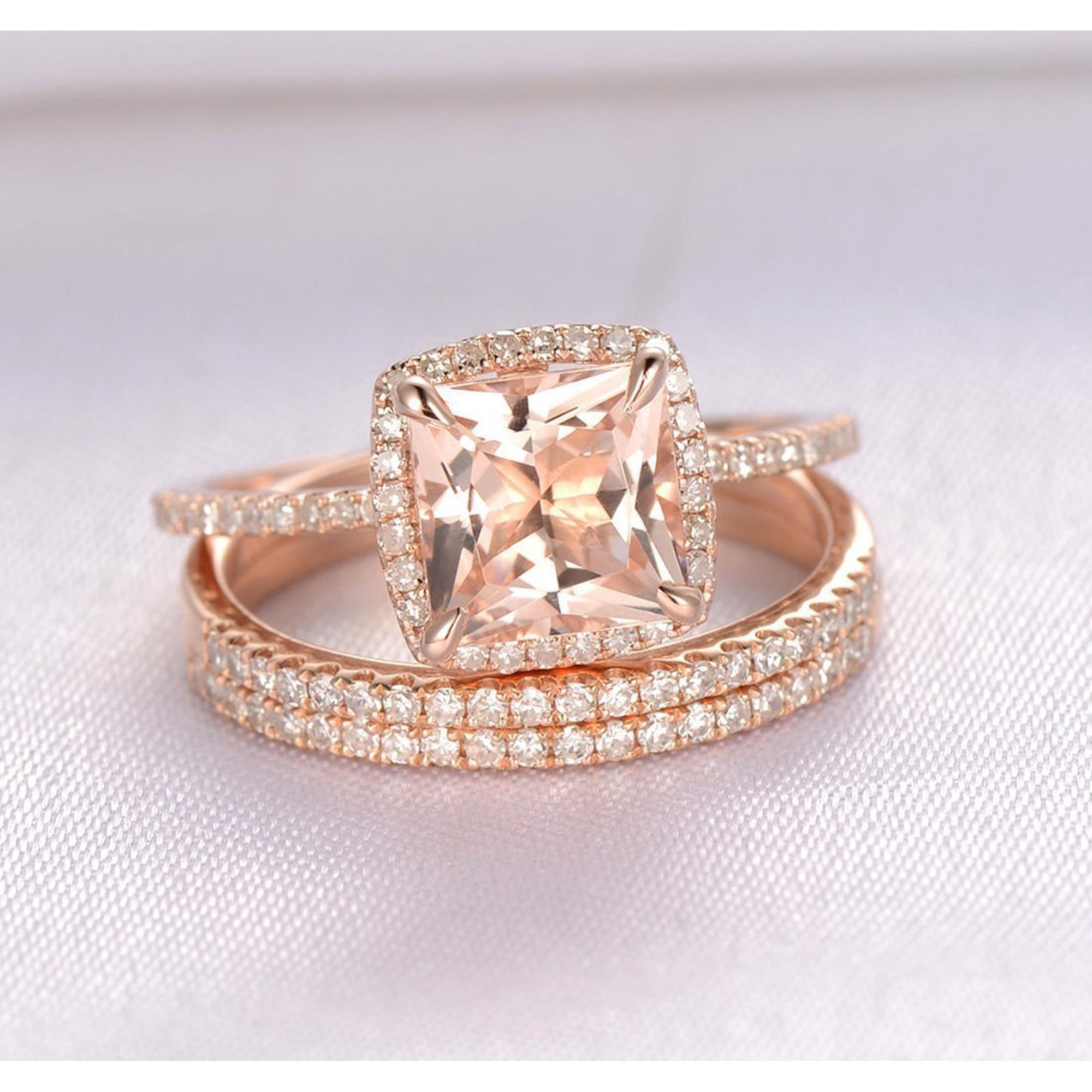 Womens Exquisite Luxury Square Diamond Ring Set Rose Gold Alloy Inlaid Artificial Gems Engagement Promise Jewelry
