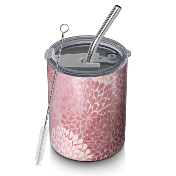 12oz Coffee Tumblers Pink Floral Pattern Stainless Steel Vacuum Insulated Travel Tumbler Coffee Cups Mug with Lid and Straw with Cleaning Brush for Cold & Hot Drinks