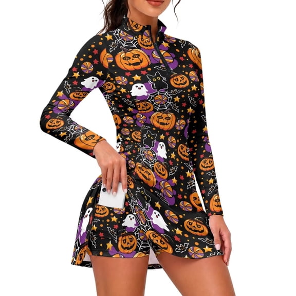Eheartsgir Golf Dresses for Women With Shorts Zip Up Womens Tennis Dress Workout Athletic Dress Pumpkin Ghost Black Cat Workout Dress for Sports Daily Wear