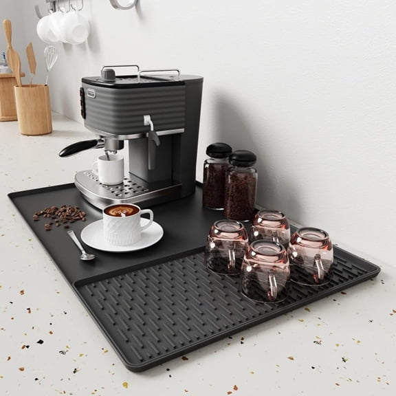 Silicone Coffee Mat 24"x16" for Countertop – 2-in-1 Bar Mat with Detachable Dish Drying Mat, Spill Proof Raised Edge, Heat Resistant Non-Slip Pad for Coffee Maker, Espresso Machine & Drying Rack