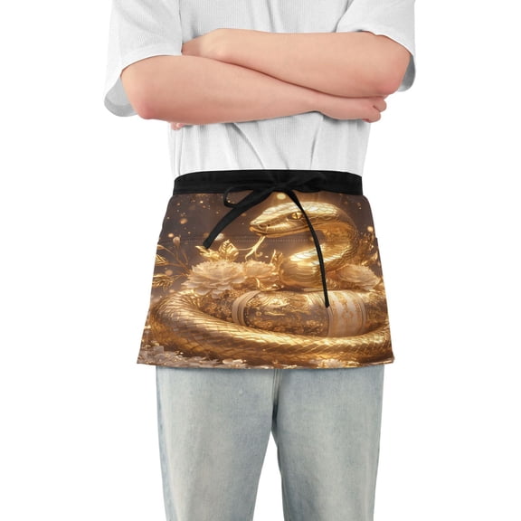 Golden Snake with Flowers Server Apron with 3 Pockets Waterproof Waitress Waist Short Apron for Man Woman 12 Inches