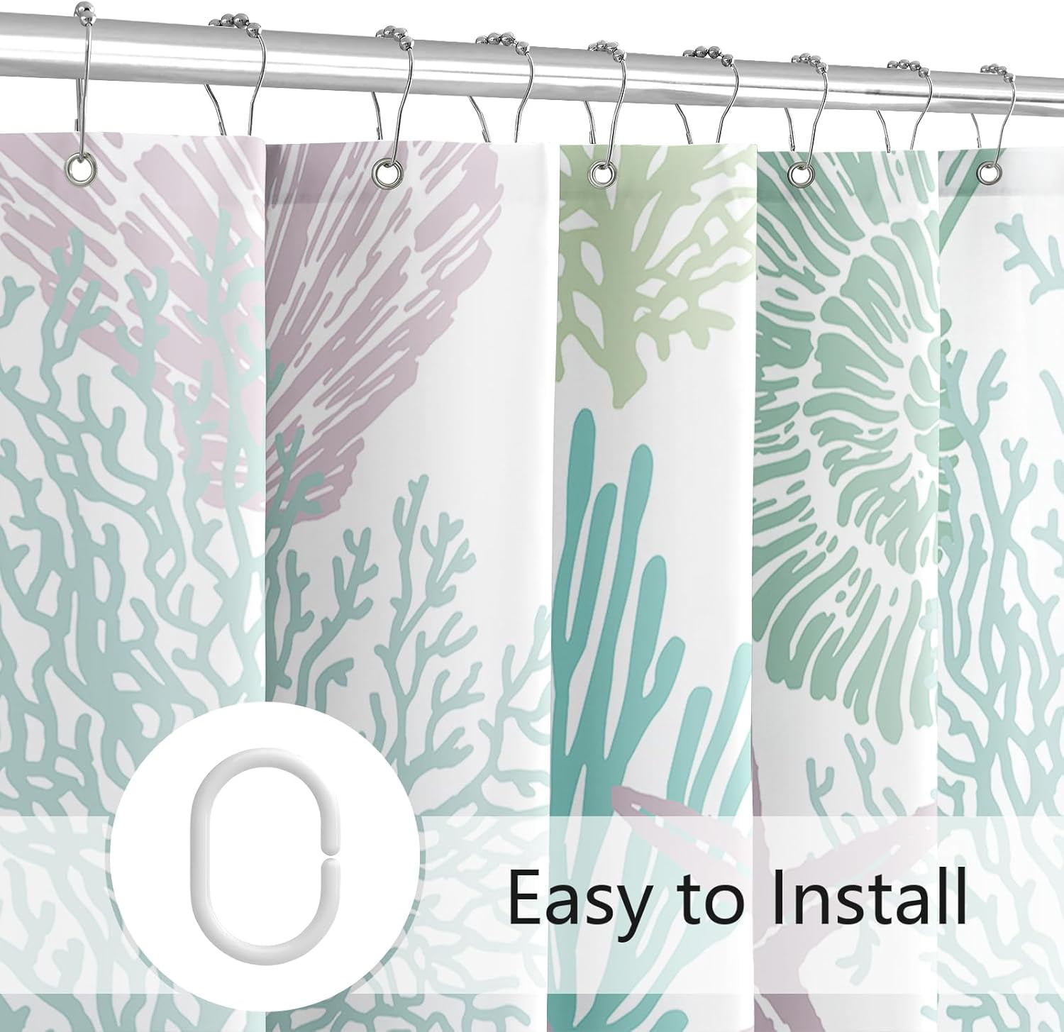 Nautical Coastal Shower Curtain, Pink Green Beach Ocean Theme Shower Curtain for Bathroom Decor, Summer Tropical Seashell Starfish Coral Fabric Shower Curtain Set with Hooks, 72x72